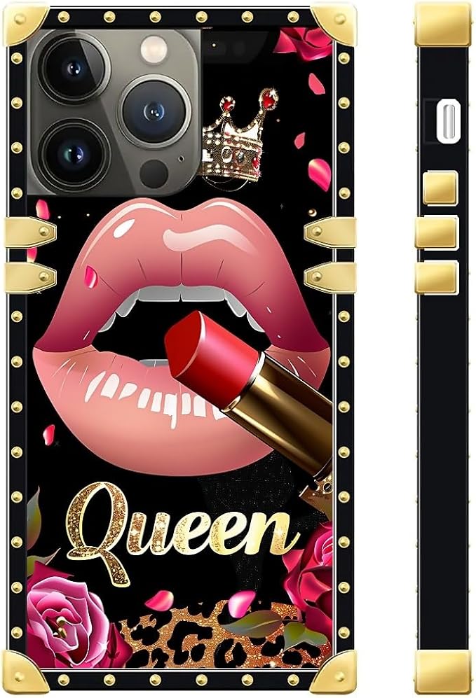 Compatible with iPhone 13 Pro Max Case, Glitter Red Rose Queen Leopard Lipstick Luxury Golden Decoration for Girl Women Soft TPU Shockproof Protective Hard PC Back