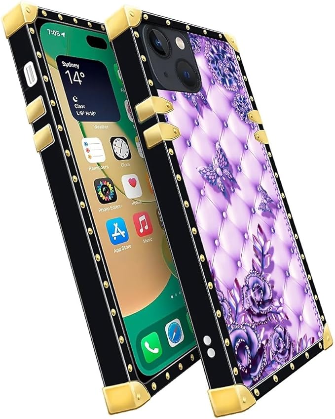 Compatible with iPhone 14 Case, Purple Butterfly Flowers Leaf Luxury Golden Decoration for Girl Women Soft TPU Shockproof Protective Hard PC Back for iPhone 14