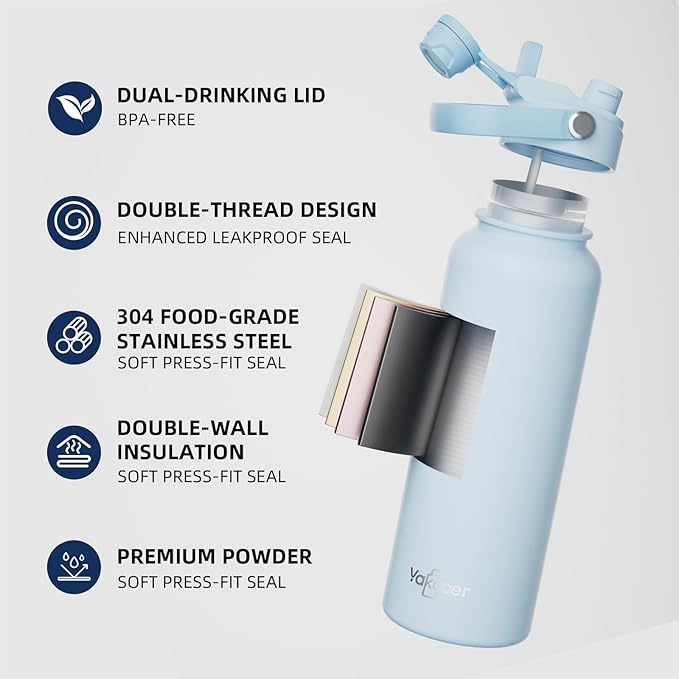 26oz Insulated Water Bottle with 2-in-1 Straw and Spout Lid, 304 Stainless Steel Water Bottle Keep Cold for 24H,Leak-Proof,Sports Water Bottle with Braided Carry Strap for Travel,Outdoors,Light Purple