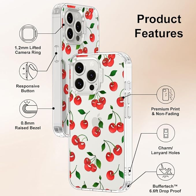 MOSNOVO Case for iPhone 15 Pro Max, [Buffertech 6.6ft Military-Grade Drop Protection] [Anti Peel Off Tech] Clear TPU Bumper Phone Case Cover Design - Cute Cherry