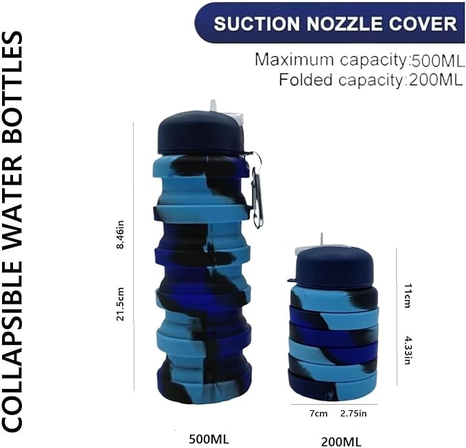 Collapsible Water Bottles 2 Pack 16oz(about 500ml), Travel Portable Sport Water Bottle, Silicone Foldable Water Bottles for Gym Camping Outdoor Hiking. (Black+Blue)