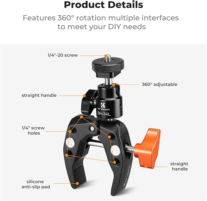 K&F CONCEPT Super Clamp Camera Clamp with 360° Ballhead, Compatible with GoPro/AKASO/Insta360/Pocket 3, 1/4" Screw & Cold Shoe Mount for Camera/Monitor/Light/Microphone