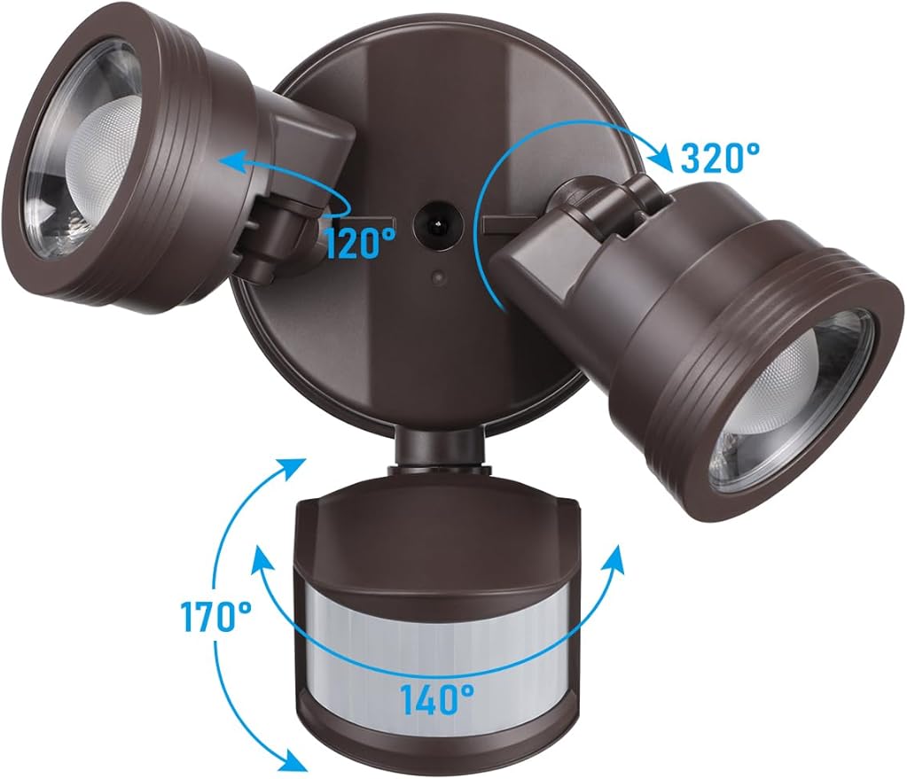 LEONLITE 25W LED Security Light Outdoor Motion Sensor, Motion Flood Lights for Outside, 30°-80° Beam Angle Adjustable, Dual-Head Security Light, Wet Location, ETL Listed, 5000K Daylight, Bronze