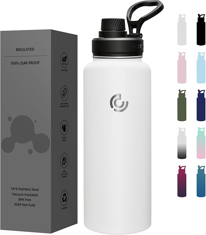 Sports Water Bottle 40oz, Insulated Water Bottle with Handle,Stainless Steel,Simple Modern,Suitable for Travel, School, Boy, Girl(White)