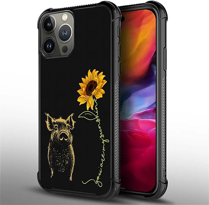 for iPhone 15 Pro Case, Pig Sunflower Yellow Sunshine Pattern Graphic Design Girl Boy Soft Silicone Hard Acrylic Shock Protection for iPhone 15 Pro