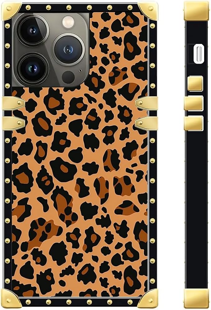 Compatible with iPhone 13 Pro Max Case, Brown Leopard Texture Luxury Golden Decoration for Girl Women Soft TPU Shockproof Protective Hard PC Back for iPhone 13 Pro Max