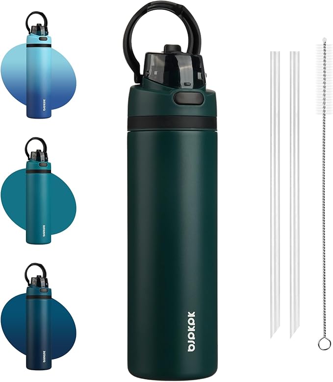 BJPKPK 25oz Insulated Water Bottle with 2-1 Straw Spout Lid, Stainless Steel Metal Water Bottles with Carry Handle, BPA Free, Leak-Proof, Fits in Car Cup Holder, Thermo for Sports,Army Green