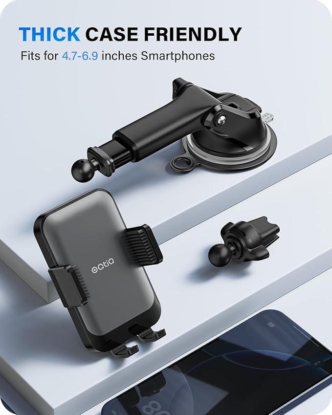 OQTIQ 3-in-1 Suction Cup Phone Holder Windshield/Dashboard/Air Vent, Dashboard & Windshield Suction Cup Car Phone Mount with Strong Sticky Gel Pad (Black & Silver)