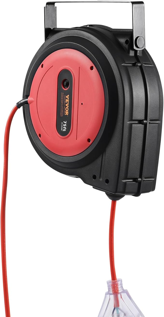 VEVOR 75FT Retractable Extension Cord Reel, 14AWG/3C SJTOW Heavy Duty Power Cord w/Lighted Electrical Triple Tap Outlets, 13A Circuit Breaker,180° Swivel Bracket for Workshop or Garage, Red