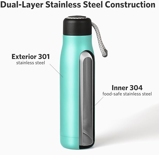 Water Bottle with Portable Lid Metal Thermos Vacuum Insulated Stainless Steel | Reusable Leak Proof Flask | 17oz