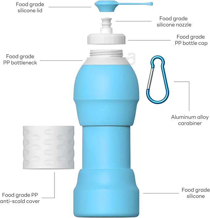 Collapsible Lightweight 20oz Water Bottle, Food-Grade Silicone BPA Free, Foldable Portable Leak Proof Office Travel Cycling Sports Outdoor Water Bottle with Vertical Hook (blue, long nozzle)