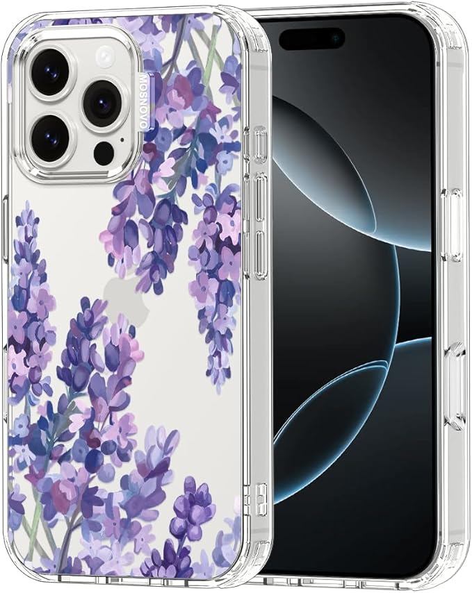 MOSNOVO Case for iPhone 16 Pro Max, [Buffertech 6.6ft Military-Grade Drop Protection] [Anti Peel Off Tech] Clear TPU Bumper Phone Case Cover Design - Lavender