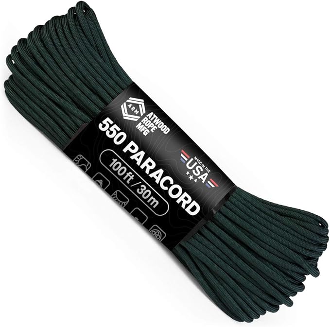 Atwood Rope MFG 550 Paracord 100 Feet 7-Strand Core Nylon Parachute Cord Outside Survival Gear Made in USA | Lanyards, Bracelets, Handle Wraps, Keychain (Hunter)