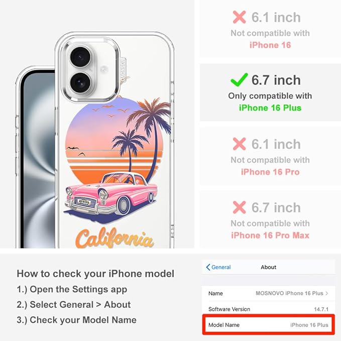 MOSNOVO for iPhone 16 Plus Case, Shockproof Military-Grade Protection 6.6ft Drop Tested, Clear Phone Case for iPhone 16 Plus, Cali Cruise Design
