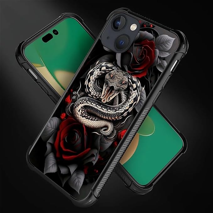 for iPhone 14 Plus Case, Entwined Rose Snake Pattern Graphic Design Girl Boy Soft Silicone Hard Acrylic Shock Protection for iPhone 14 Plus