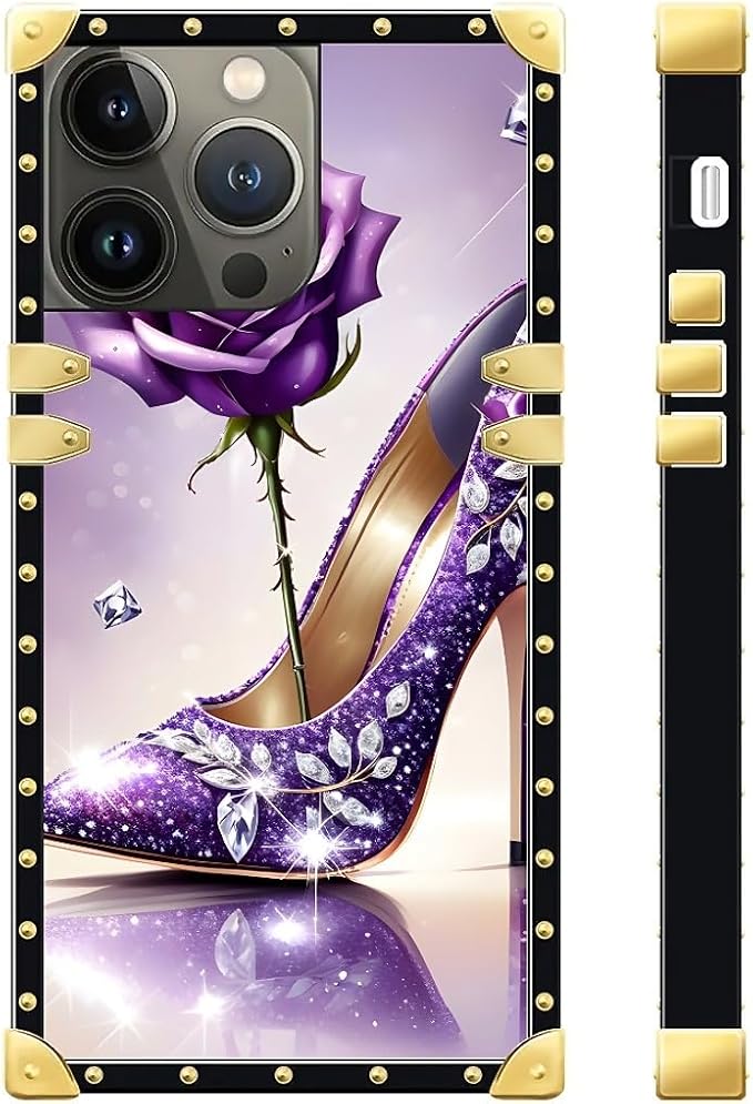 Compatible with iPhone 15 Pro Case, High Heeled Purple Diamond Rose Luxury Golden Decoration for Girl Women Soft TPU Shockproof Protective Hard PC Back for iPhone 15 Pro