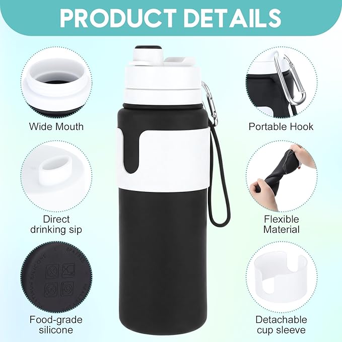 LemonRoad 2 Pcs 26 oz Silicone Collapsible Water Bottle, Portable Foldable Water Bottle Leakproof with Carabiner Reuseable Lightweight for Travel Sports Hiking Camping Cycling Office (Green,Black)
