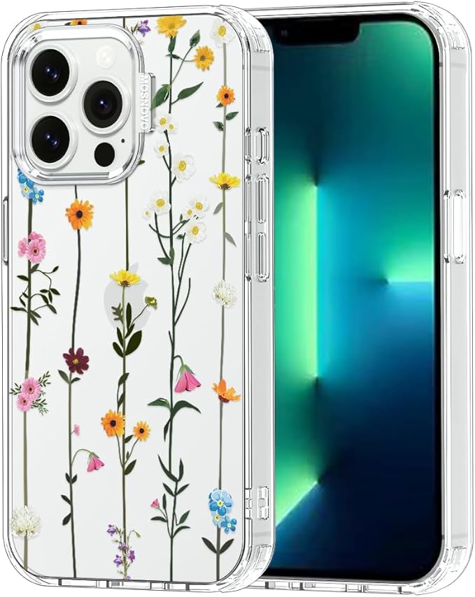 MOSNOVO Case for iPhone 13 Pro, [Buffertech 6.6ft Military-Grade Drop Protection] [Anti Peel Off Tech] Clear TPU Bumper Phone Case Cover Design - Wildflowers