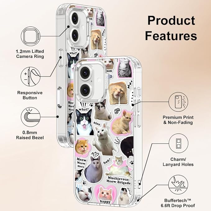 MOSNOVO Case for iPhone 16, [Buffertech 6.6ft Military-Grade Drop Protection] [Anti Peel Off Tech] Clear TPU Bumper Phone Case Cover Design - The Cat Brigade