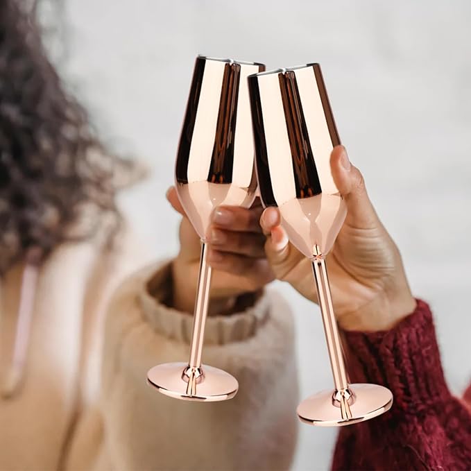 TJ Unbreakable 8 Oz Stainless Steel Champagne Flutes (2 Pack)- Rose Champagne Glasses - Reusable Indoor Outdoor Drinkware - Keeps Drink Cool for Longer - Gift Idea