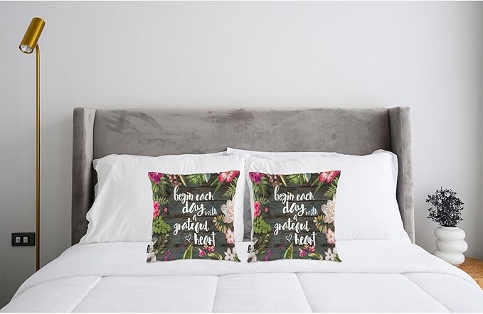 Swono Funny Quote 2Pcs Throw Pillow Covers for Men Women, Begin Each Day with Grateful Heart Bedding Pillowcase 18 X 18 Inch, Flowers Wood Decorative Pillow Cushion Cover for Couch Sofa Bed Home