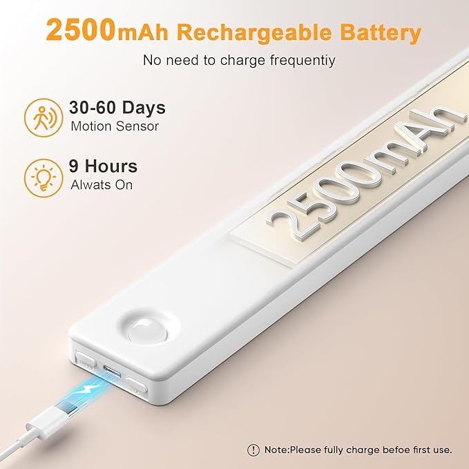 13inch Under Cabinet Lighting, 2500mAh Motion Sensor Light Indoor, USB Rechargeable Battery Operated Closet Light, Dimmable LED Cabinet Lights, Under Counter Light for Kitchen-2 Pack