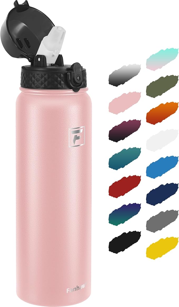 Fanhaw 32 oz Insulated Stainless Steel Water Bottle with Straw Lid, Leakproof Sports Bottle for Men, Women & Teens (Pink)