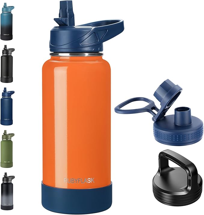 RUBYFLASK 32oz Insulated Water Bottle with Straw, Stainless Steel Metal Vacuum Water Flask, Large Thermal Water bottle with Leakproof 3 Lids for Travel, Camping, Gym Sports Orange