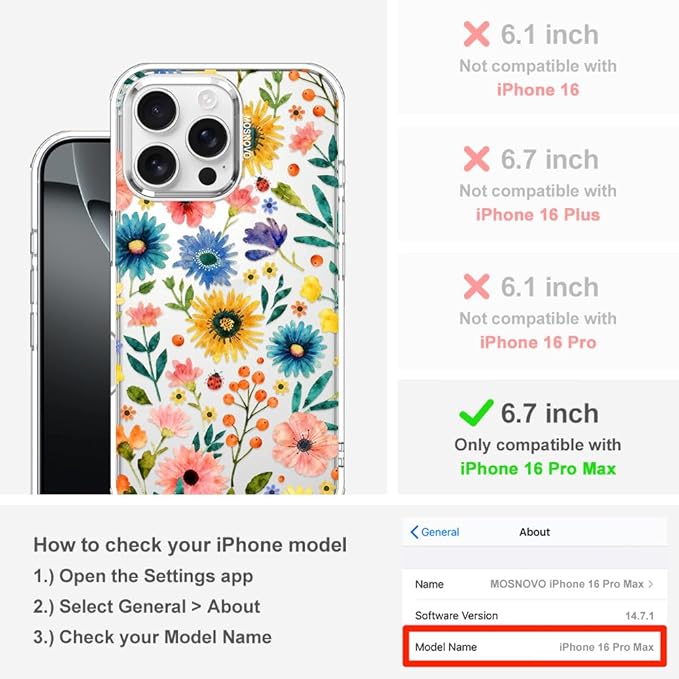MOSNOVO for iPhone 16 Pro Max Case, Shockproof Military-Grade Protection 6.6ft Drop Tested, Clear Phone Case for iPhone 16 Pro Max, Wildflower Bloom Design