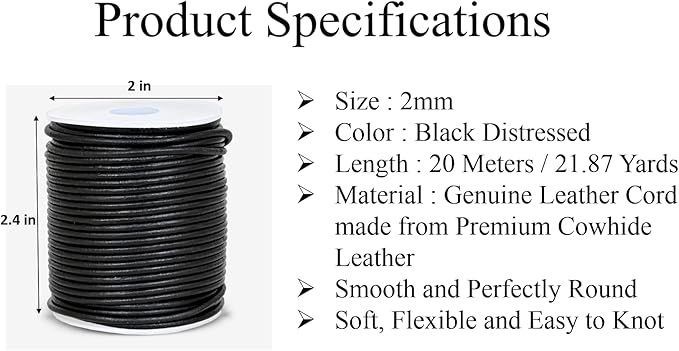 GENIQUE Real/Genuine Round Leather String Cord for Necklace, Bracelets, Jewellery, Braiding (2mm, Black Distressed)