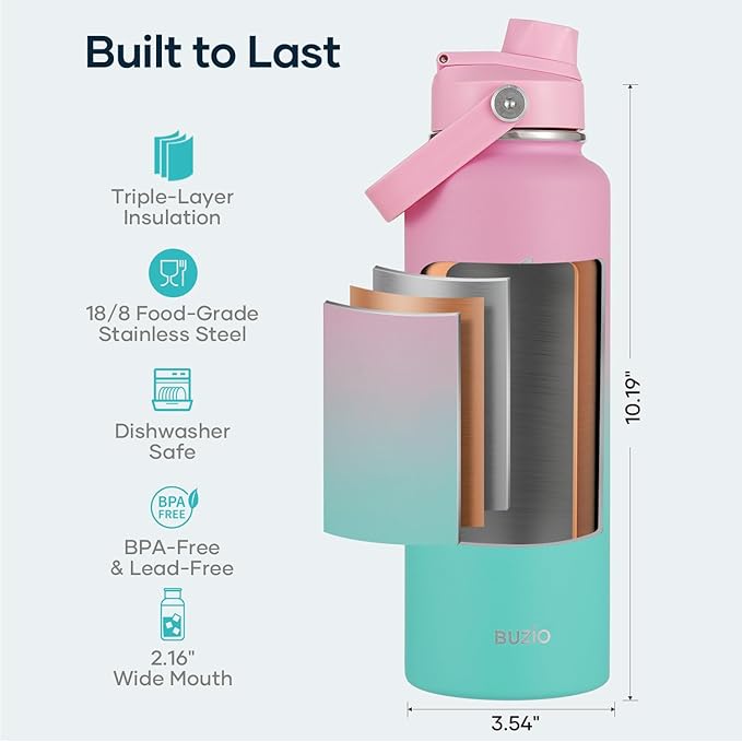 BUZIO 40 oz Insulated Water Bottle, Triple Wall Vacuum Stainless Steel Water Flask with 2 lids, Lead-Free BPA-Free Straw Lid Sports Canteen Jug, Cold 48H & Hot 24H, Bubble Gum