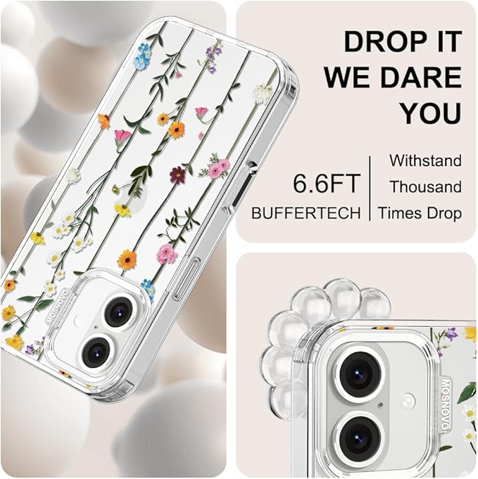 MOSNOVO Case for iPhone 16 Plus, [Buffertech 6.6ft Military-Grade Drop Protection] [Anti Peel Off Tech] Clear TPU Bumper Phone Case Cover Design - Wildflowers