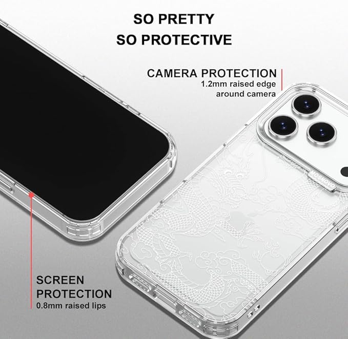 MOSNOVO for iPhone 17 Pro Case | Military Grade 6.6ft Drop Tested | Camera Control | Clear with White Dragon Design