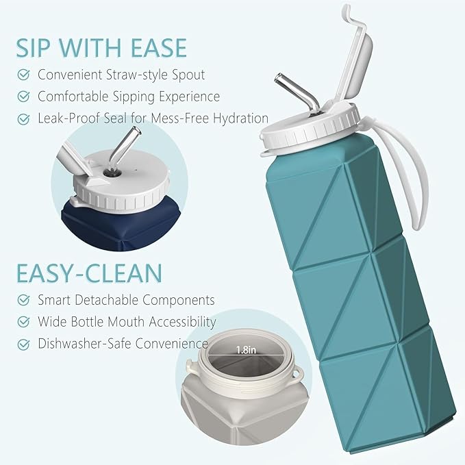 BEAUTAIL Collapsible Water Bottles 20.6oz 2 Pack, Silicone Foldable Portable Water Bottle, BPA-Free, Leakproof Reusable for Travel Camping Hiking Cycling Yoga Sports Outdoor (Blue+DarkBlue)