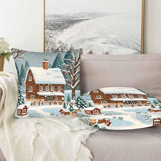 Farmhouse Throw Pillow Covers 18x18 Winter Snow Tree Set of 2 Pillow Cases Square Velvet Outdoor Pillowcases Decorative for Home Bed Sofa Couch Hotel
