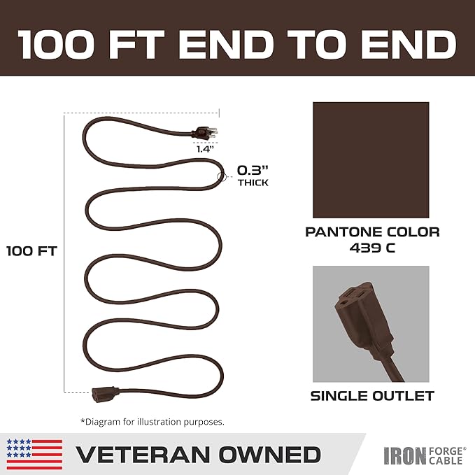 Iron Forge Cable Outdoor Brown Extension Cord 100 ft - 16 Gauge 10 Amp Heavy Duty Brown Outdoor Extension Cords 3 Prong - 16/3 SJTW Great for Outdoor