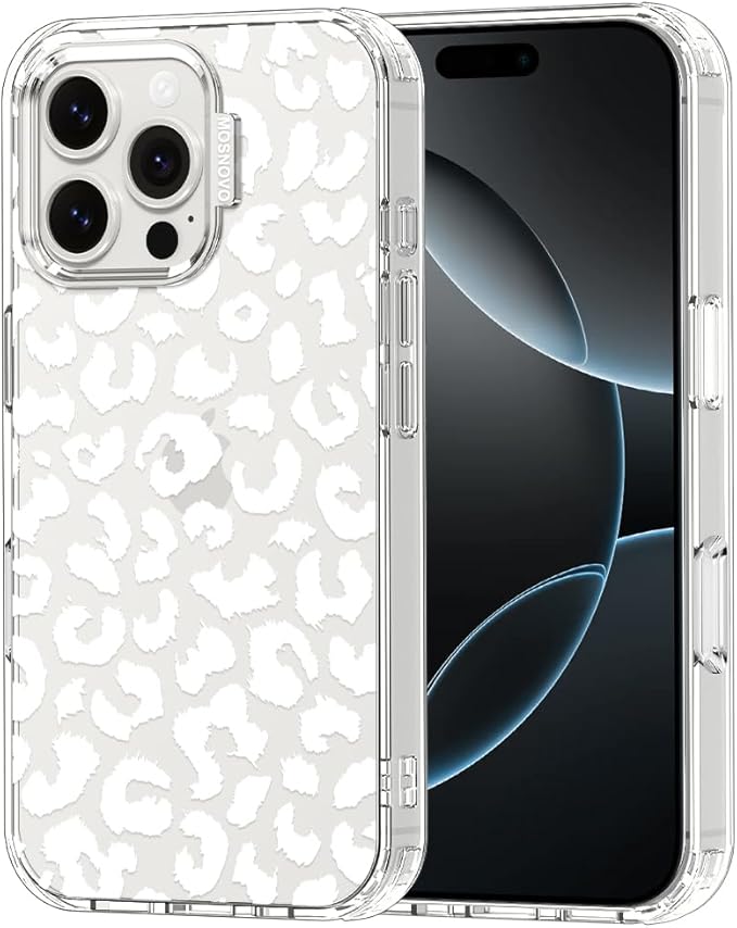 MOSNOVO Case for iPhone 16 Pro Max, [Buffertech 6.6ft Military-Grade Drop Protection] [Anti Peel Off Tech] Clear TPU Bumper Phone Case Cover Design - White Leopard Print