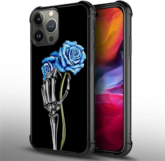 for iPhone 15 Pro Case, Skeleton Holding Blue Rose Pattern Graphic Design Girl Boy Soft Silicone Hard Acrylic Shock Protection for iPhone 15 Pro