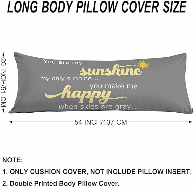 Decorative Body Pillow Covers 20x54inch Motivational Quote, You are My Sunshine Soft Body Pillow Cushion Cover Wrinkle Fade Body Pillowcases for Bed/Sofa/Couch/Patio/Balcony, Yellow