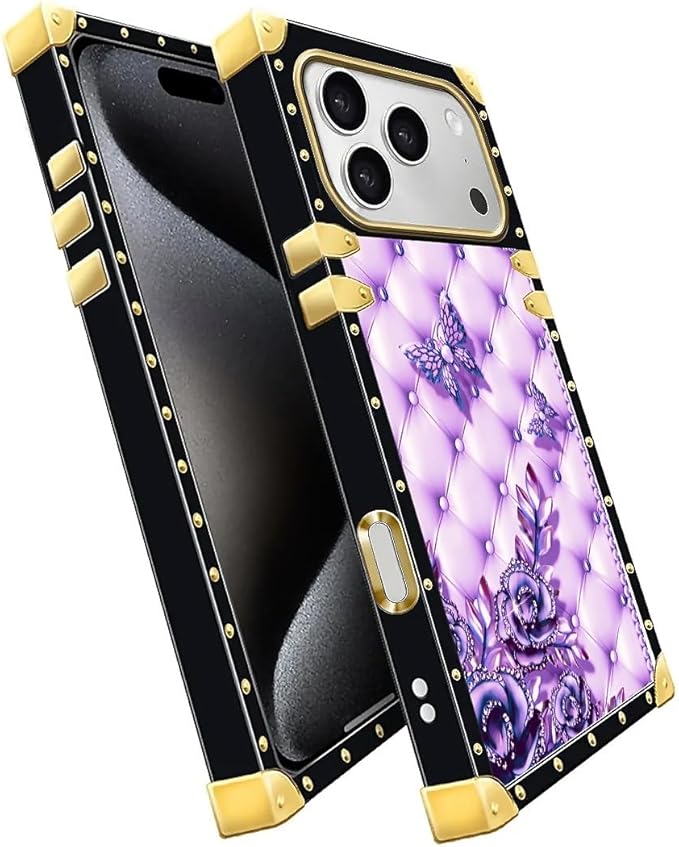 for iPhone 17 Pro Case Luxury Golden Decoration for Girl Women Soft TPU Shockproof Protective Hard PC Back for iPhone 17 Pro Crazy Pattern Purple Butterfly Flowers Leaf