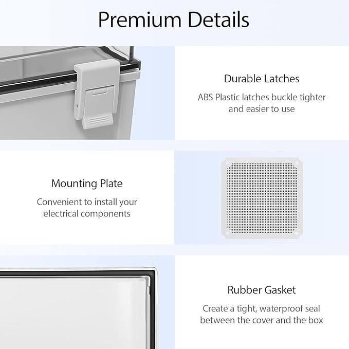 Junction Box, IP65 Waterproof Dustproof ABS Plastic Enclosure, Outdoor and Indoor Project Box Hinged Clear Cover with Mounting Plate Wall Brackets, Outer Dimension 11.8"x 11.8" x 7.1", Grey