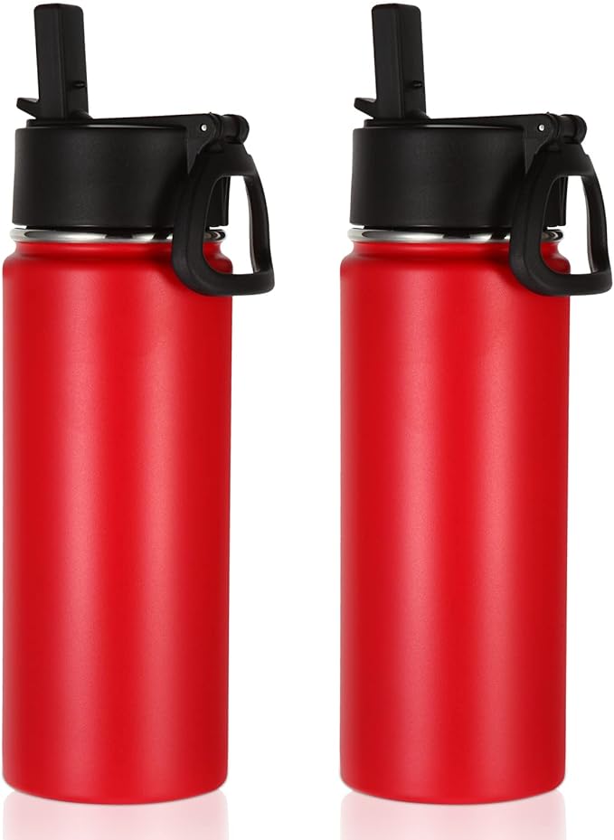 Volhoply 18oz Insulated Water Bottle Bulk 2 Pack,Kids Stainless Steel Water Bottles with Straw,Wide Mouth Reusable Metal Water Bottle,Double Wall Vacuum Sport Flask For Cold Drink(Red,2 Set)