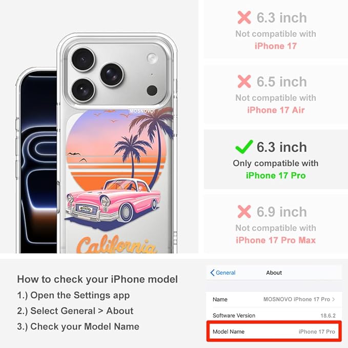 MOSNOVO for iPhone 17 Pro Case, Shockproof Military-Grade Protection 6.6ft Drop Tested, Camera Control, Clear Phone Case for iPhone 17 Pro, Cali Cruise Design