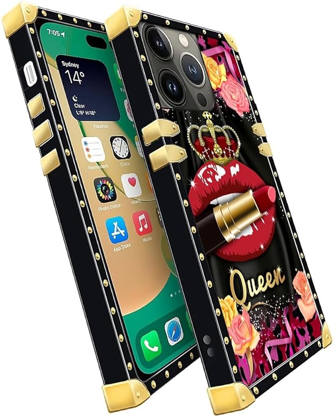 Compatible with iPhone 14 Pro Case, Queen Lip Crown Leopard Print Luxury Golden Decoration for Girl Women Soft TPU Shockproof Protective Hard PC Back for iPhone 14 Pro