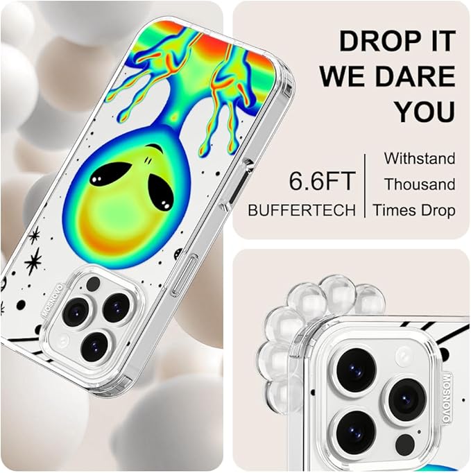 MOSNOVO Case for iPhone 16 Pro Max, [Buffertech 6.6ft Military-Grade Drop Protection] [Anti Peel Off Tech] Clear TPU Bumper Phone Case Cover Design - Alien Piece