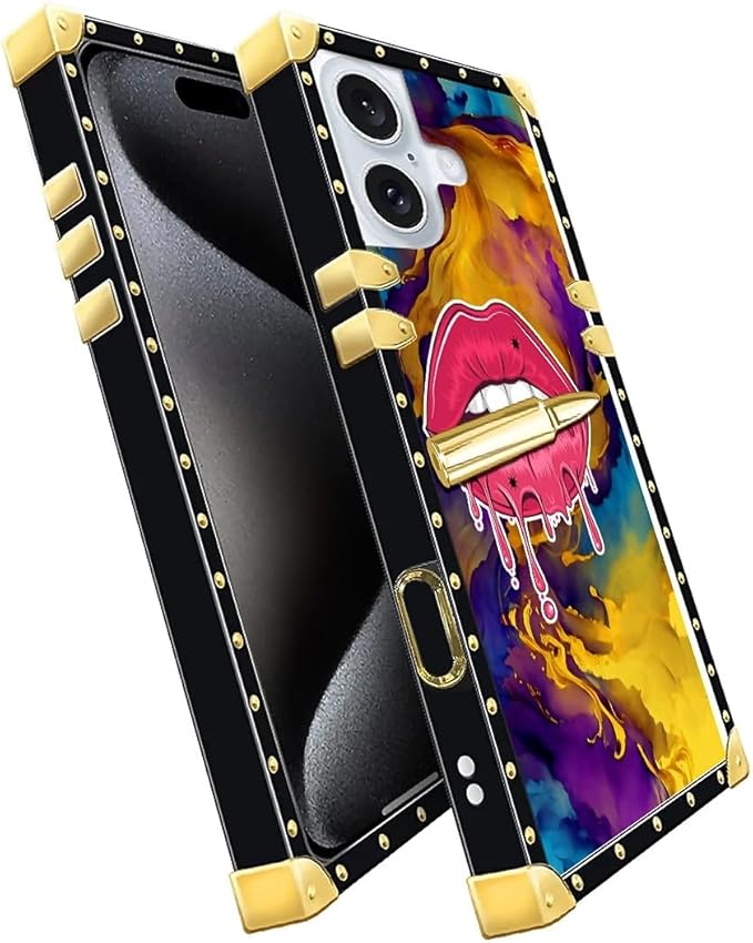 Compatible with iPhone 16 Plus Case, Cool Corlorful Lip Marble Luxury Golden Decoration for Girl Women Soft TPU Shockproof Protective Hard PC Back for iPhone 16 Plus