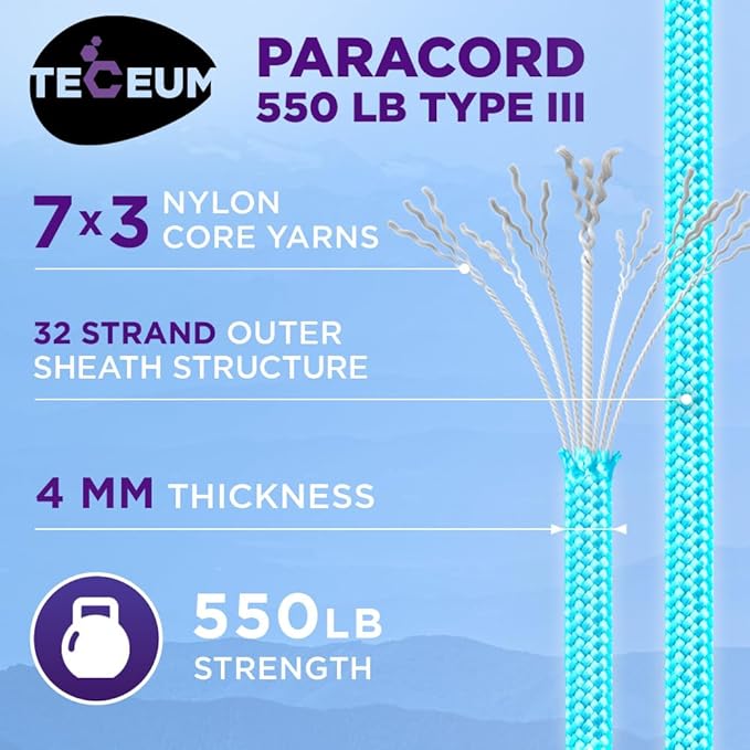 TECEUM Reflective Paracord Rope 1000 – 1000ft/200ft/100ft/50ft – 40+ Colors – Glow in The Dark – para Cord – Utility Rope for Survival, Hunting & Camping Gear – Nylon String, Camping Rope, Tent Cord