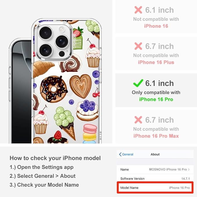 MOSNOVO for iPhone 16 Pro Case, Shockproof Military-Grade Protection 6.6ft Drop Tested, Clear Phone Case for iPhone 16 Pro, Sweet Treats Design