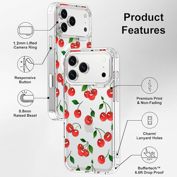 MOSNOVO for iPhone 17 Pro Max Case | Military Grade 6.6ft Drop Tested | Camera Control | Clear with Cute Cherry Design