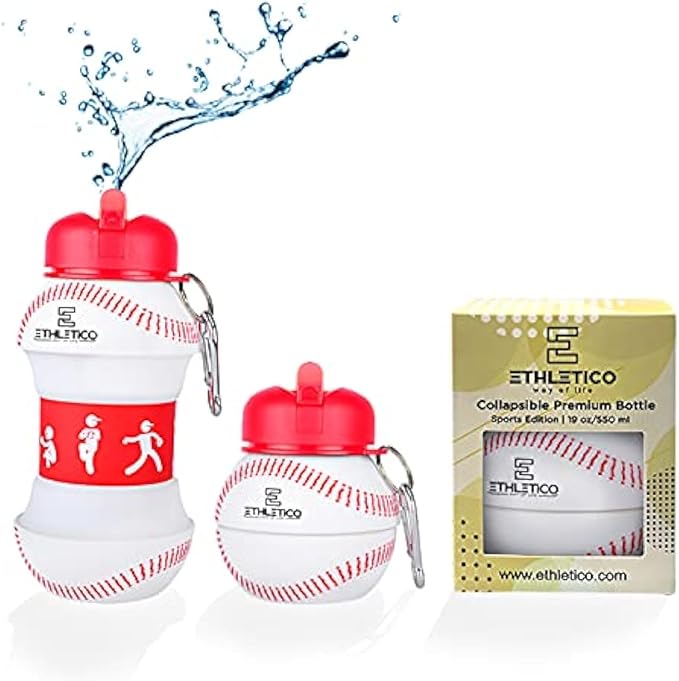 Clip-On Collapsible BPA-Free Silicone Baseball Water Bottle for Kids, 19 Oz. Size